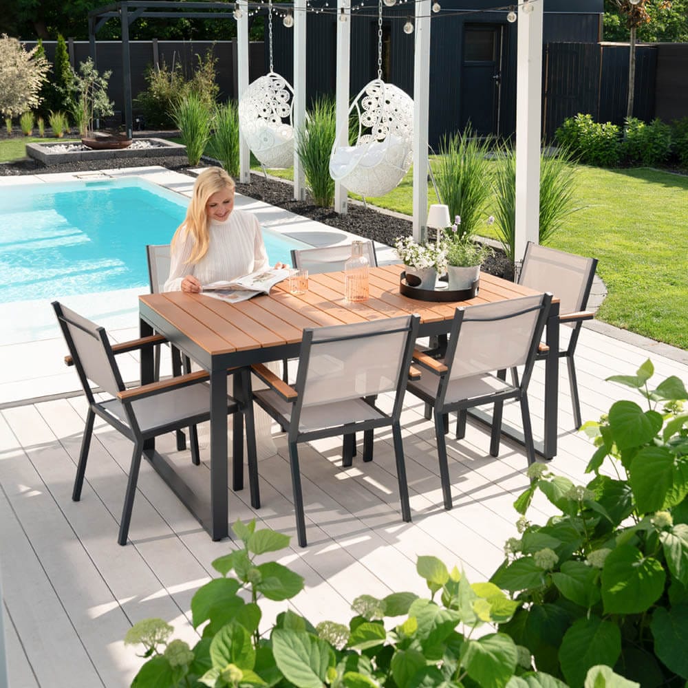 HOME DELUXE Garten-Sitzgruppe in Holzoptik SIERA SEDIA - 6 St&uuml;hle 