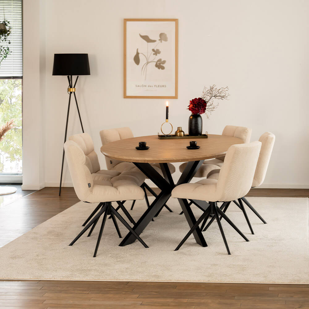 HOME DELUXE Esstisch Oval AVENTIS inkl. Sternfu&szlig; - 200 x 120 cm Fishbone Oak 