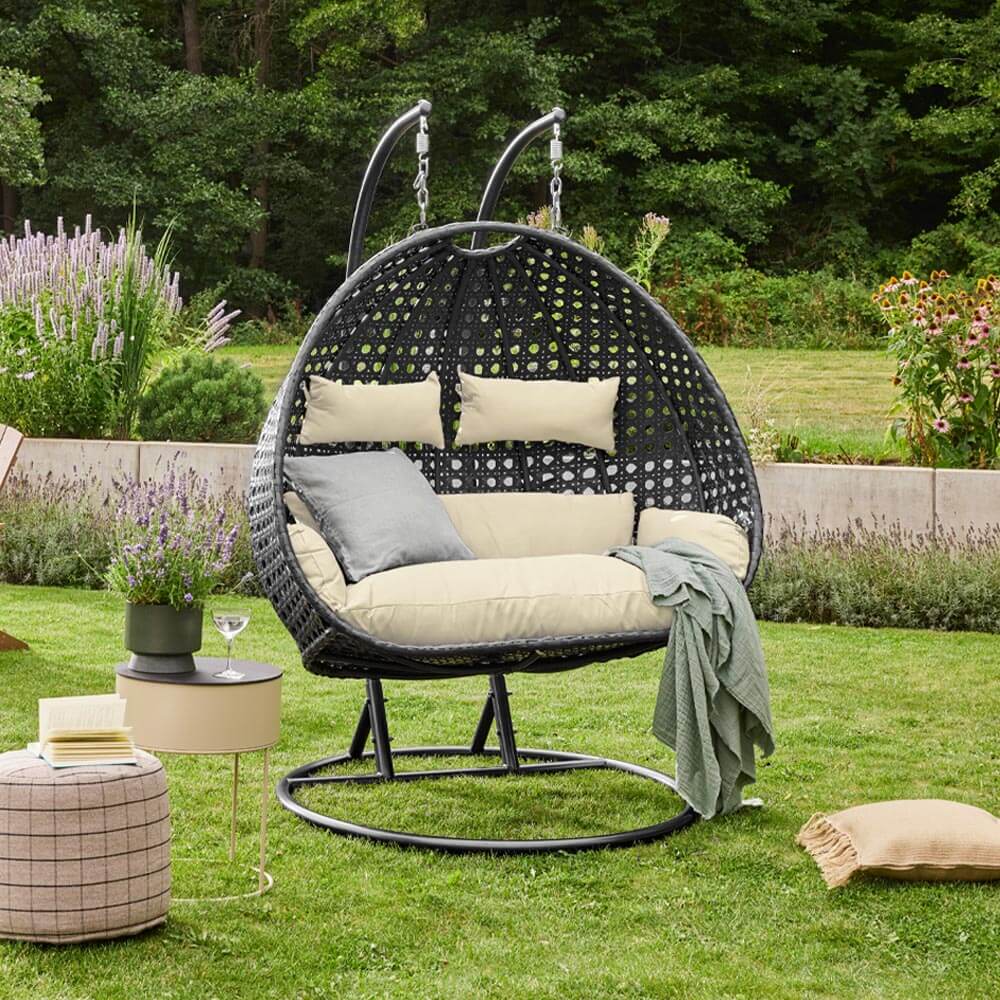 HOME DELUXE Polyrattan H&auml;ngesessel TWIN DELUXE - Schwarz/Creme f&uuml;r 2 Personen 