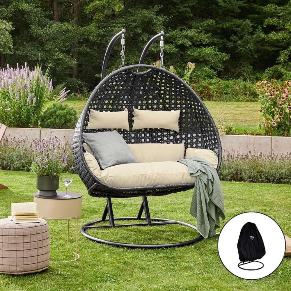 HOME DELUXE Polyrattan H&auml;ngesessel mit Regenabdeckung TWIN DELUXE - Schwarz/Creme f&uuml;r 2 Personen 