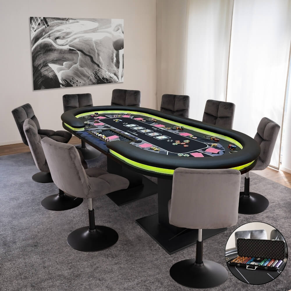 HOME DELUXE LED Pokertisch inkl. Pokerkoffer und 10 St&uuml;hle STRAIGHT FLUSH - F&uuml;r 9 Personen 