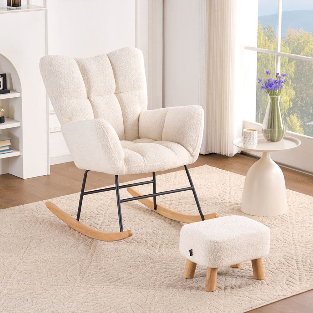 HOME DELUXE Schaukelstuhl inkl. Hocker NARA - Boucl&eacute; Wei&szlig; 