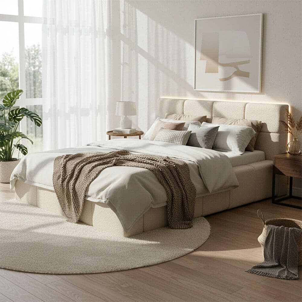 HOME DELUXE LED Bett aus Teddy-Stoff inkl. Stauraum GALA – Beige, 140 x 200 cm