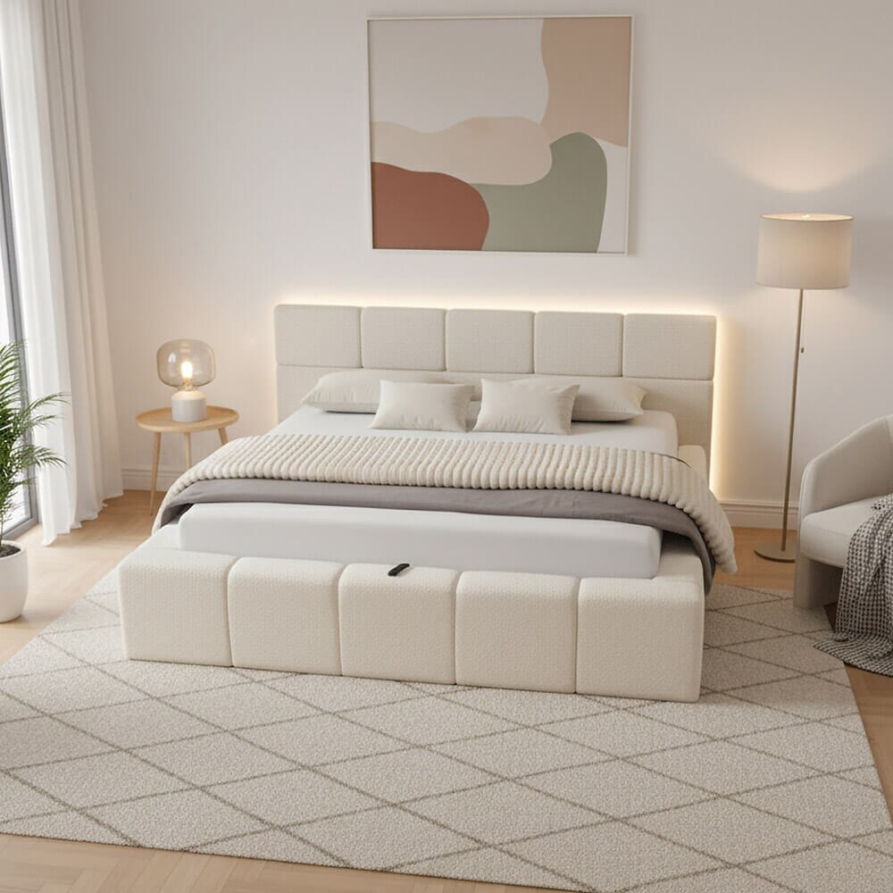 HOME DELUXE LED Bett aus Teddy-Stoff inkl. Stauraum GALA – Beige, 160 x 200 cm