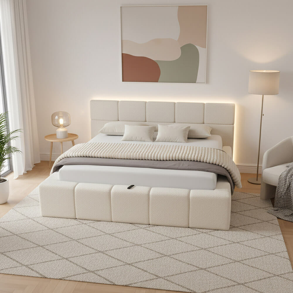 HOME DELUXE LED Bett aus Teddy-Stoff inkl. Stauraum GALA &ndash; Beige, 180 x 200 cm 