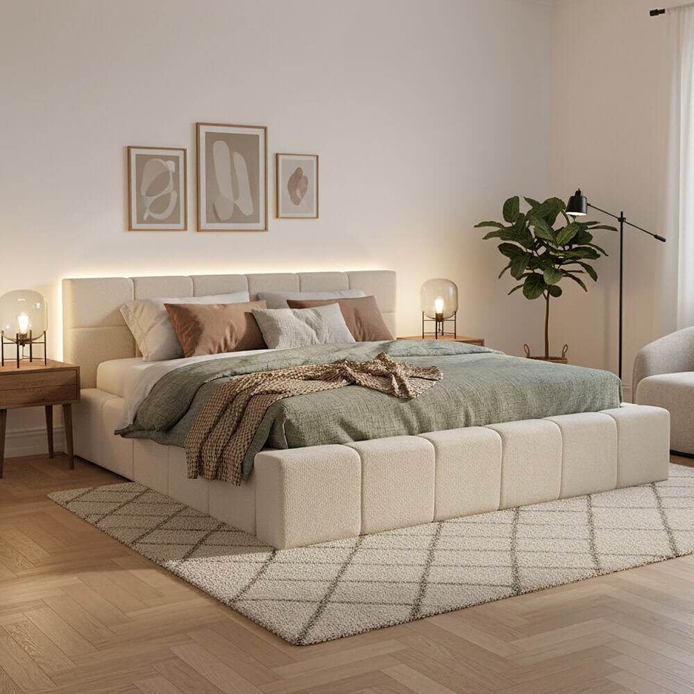 HOME DELUXE LED Bett aus Teddy-Stoff inkl. Stauraum GALA – Beige, 200 x 200 cm