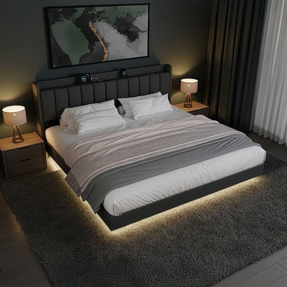 HOME DELUXE LED Bett MELURA  inkl. Matratze Dunkelgrau - 160 x 200 cm 