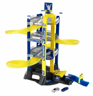 Theo Klein Michelin Service Parkhaus mit 4 Ebenen - mit Wippe, Sprungschanze und Rundenzähler, doppelte Abfahrtsrampen für Rennen, Aufzug und 2 Autos  - Geeignet für Kinder ab 3 Jahren 