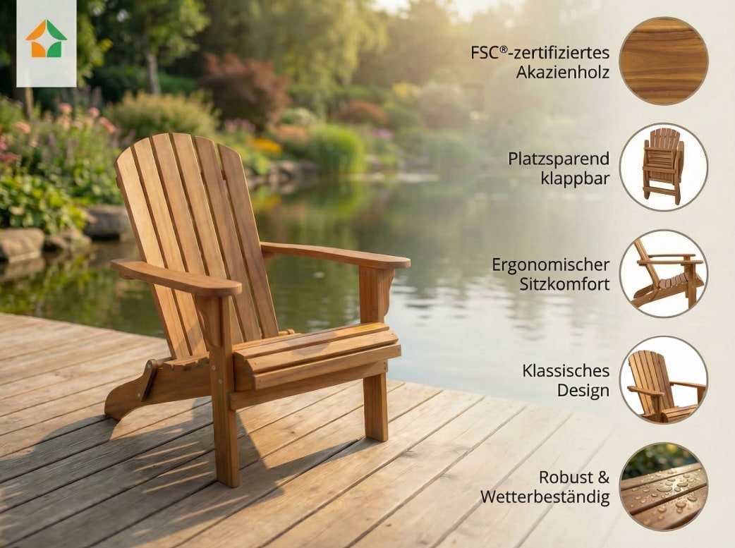 Klappbarer Adirondack Liegestuhl aus Akazienholz, ca. 84 x 69 x 93 cm - Braun 