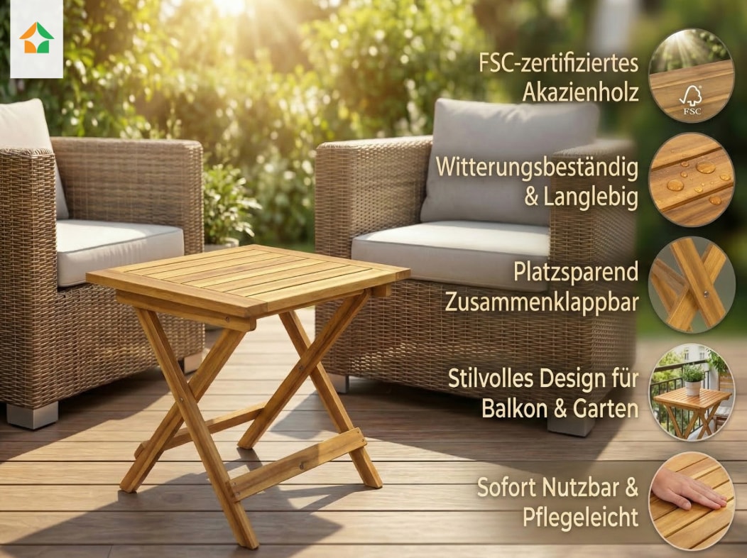 Akazienholz Gartenklapptisch Beistelltisch 46 cm FSC 