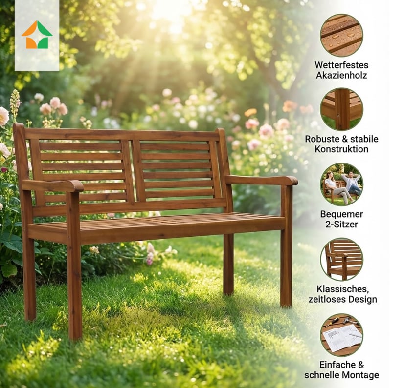 2-Sitzer Gartenbank aus Akazienholz, ca. 118 x 58&nbsp;x 89 cm - Braun 