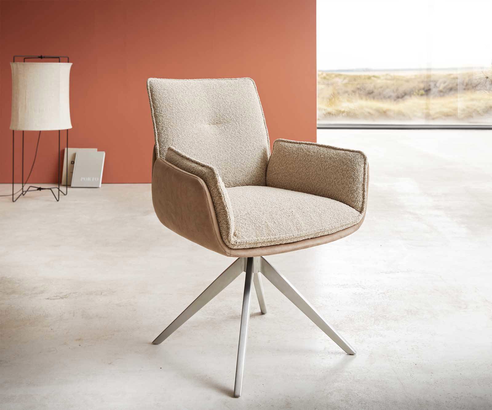 Esszimmerstuhl Nela-Flex Kreuzgestell breit Edelstahl Materialmix Schlamm 360&deg; drehbar 