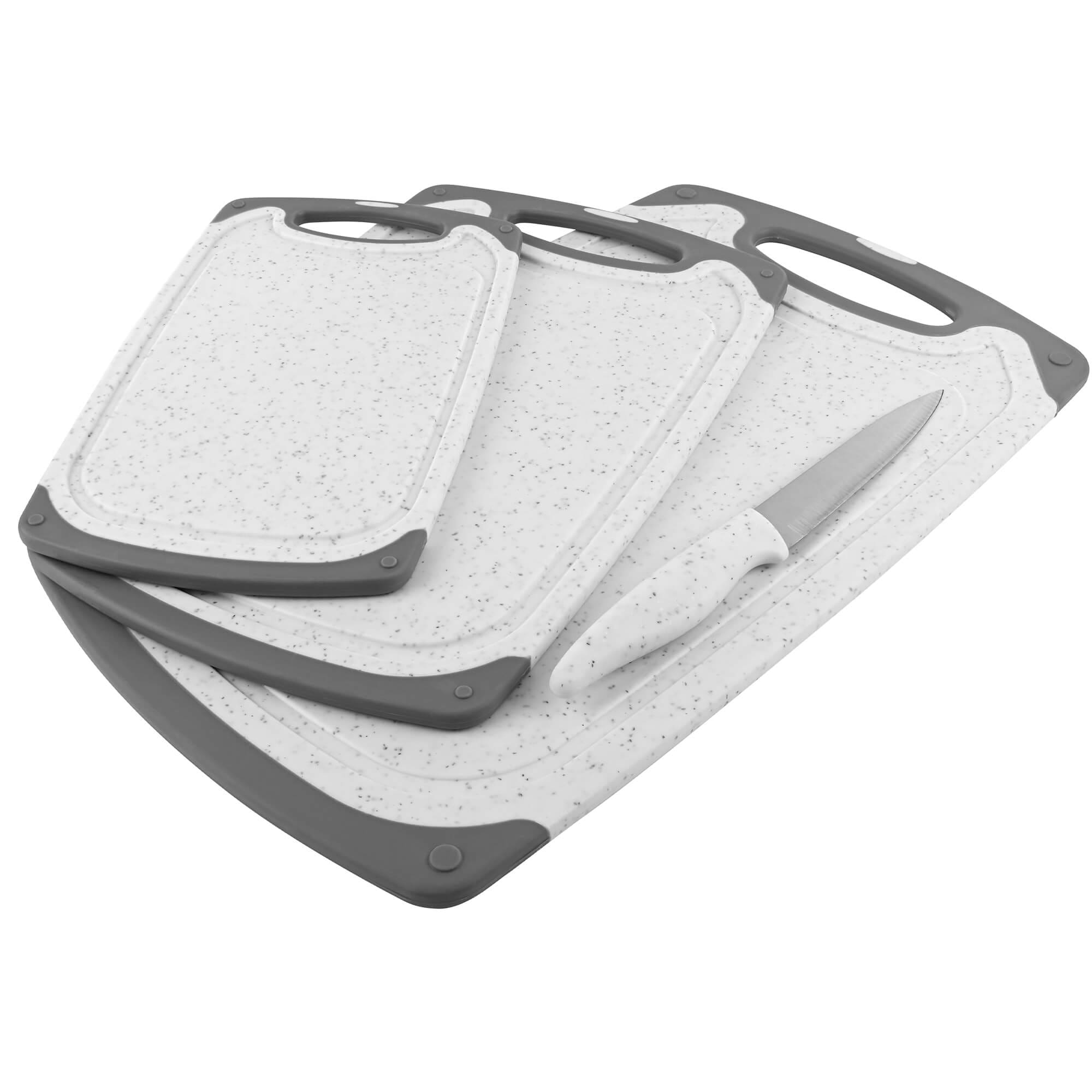 GRÄWE Schneidebrett-Set, 4-teilig, inkl. Messer, Granit-Look, weiß