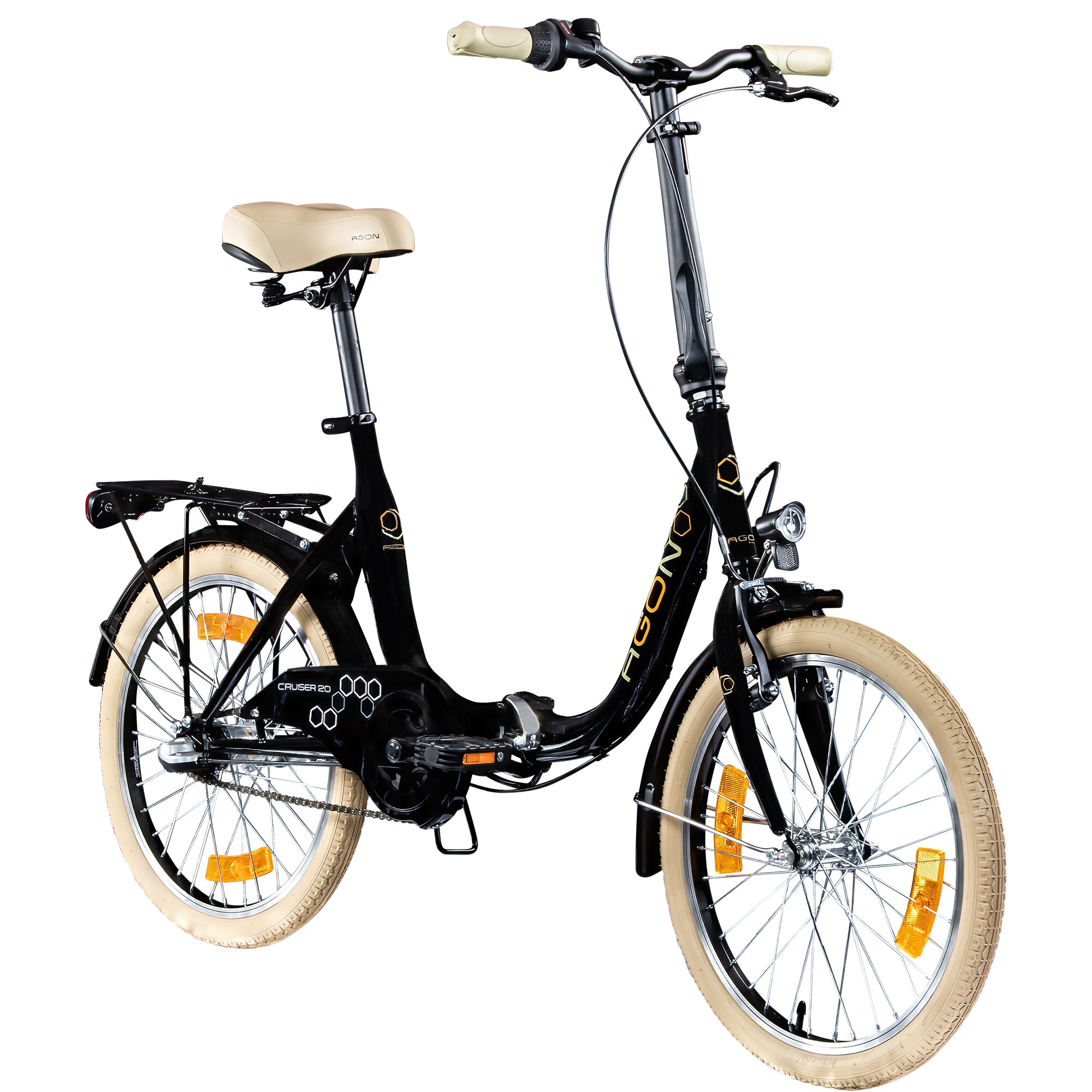 Agon Cruiser 20 Zoll Klapprad f&uuml;r Damen und Herren 150 - 185 cm StVZO Faltfahrrad Erwachsene tiefer Einstieg schwarz 