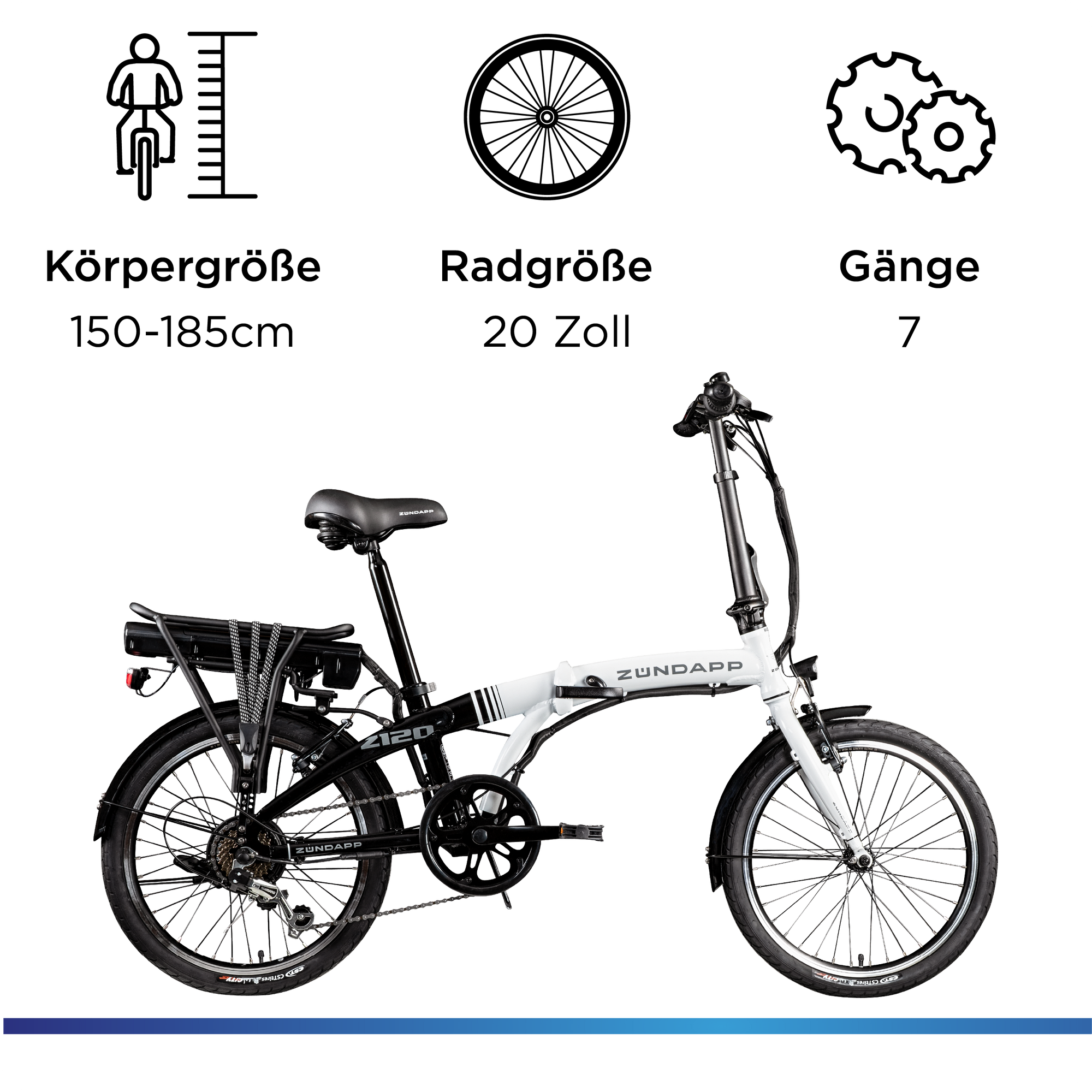 Z&uuml;ndapp Z120 20 Zoll E Bike Faltrad f&uuml;r Damen Herren 150 - 185 cm E Klapprad schwarz wei&szlig; 