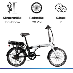 Zündapp Z120 20 Zoll E Bike Faltrad für Damen Herren 150 - 185 cm E Klapprad schwarz weiß 