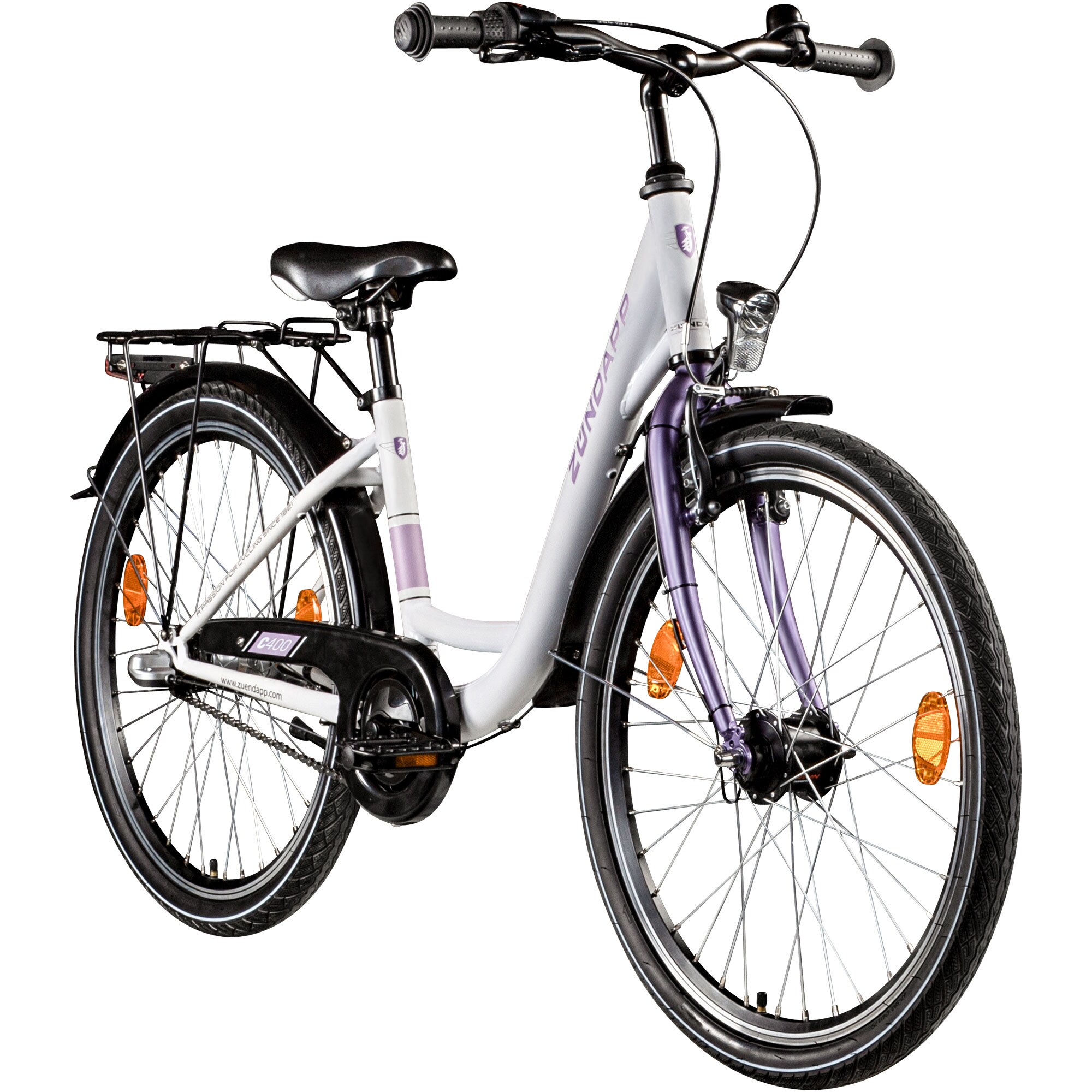 Z&uuml;ndapp C400 Jugendfahrrad 24 Zoll Fahrrad ab 130-145 cm 3 Gang Tiefeinsteiger wei&szlig;/lila 