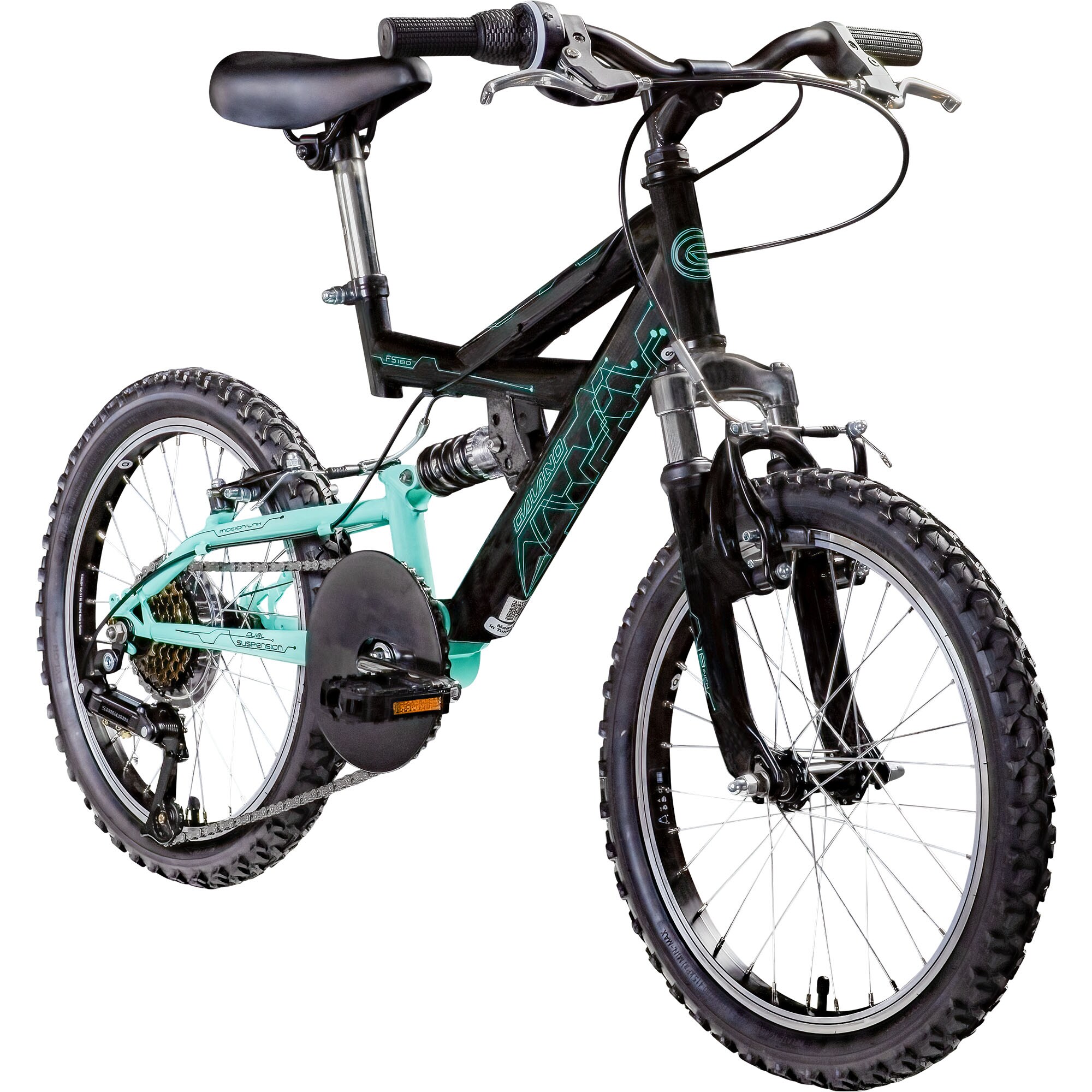 Galano FS180 Kinderfahrrad 18 Zoll ab 6 Jahre 115 - 130 cm Mountainbike Fully 6 G&auml;nge schwarz/t&uuml;rkis 