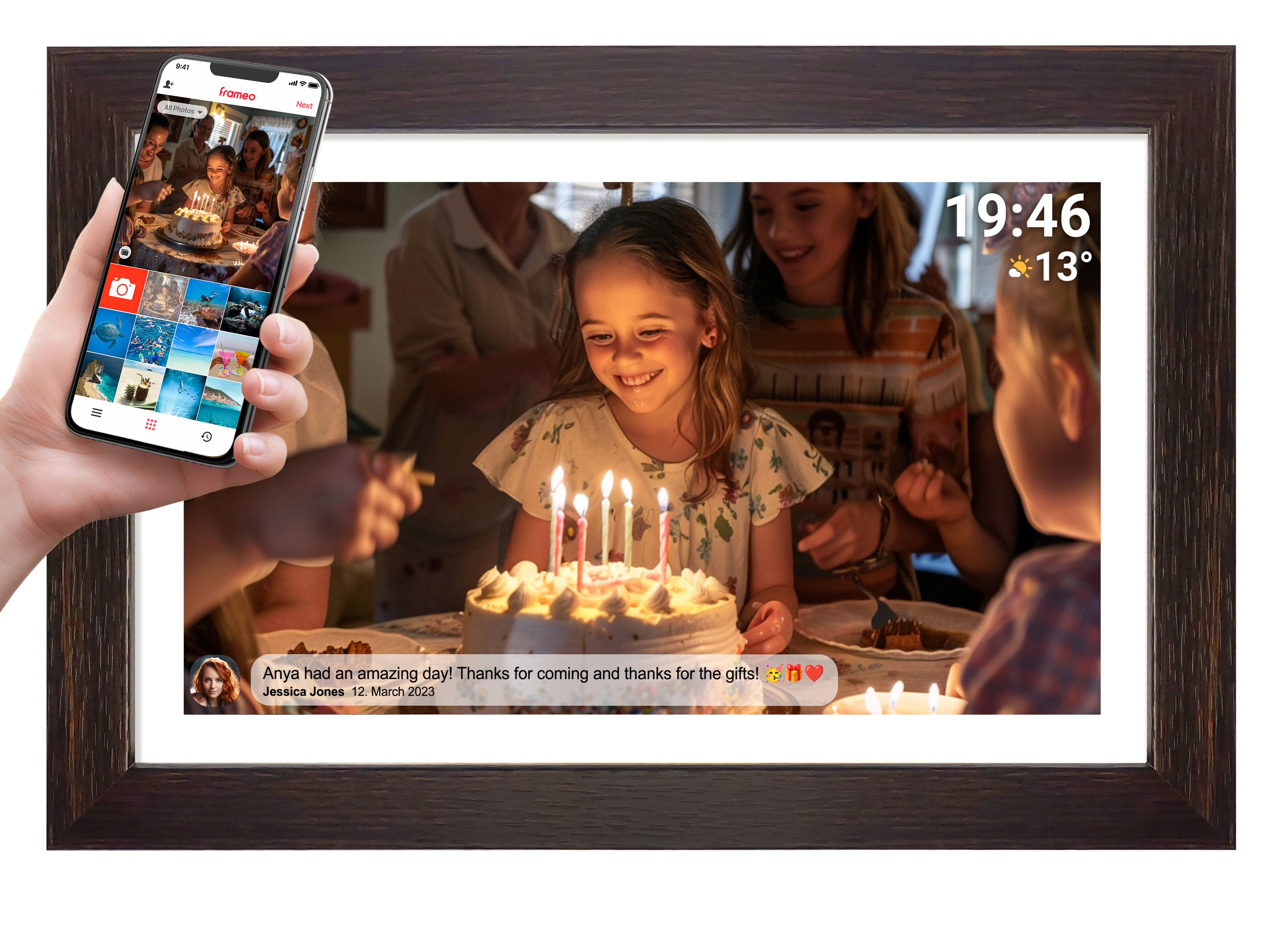 Denver PFF-1543 WiFi Bilderrahmen &ndash;15,6" IPS, Frameo, Holz dunkelbraun 