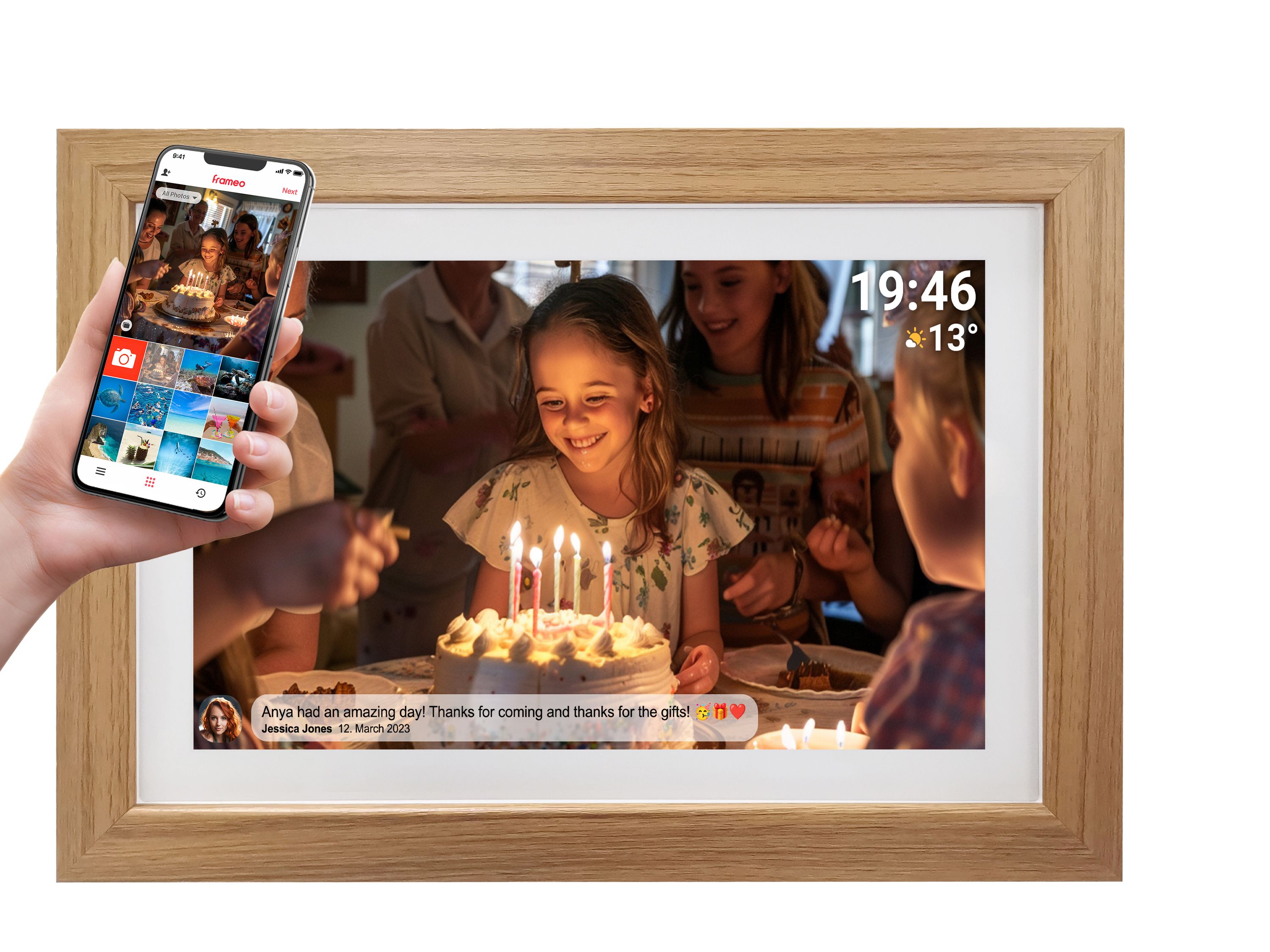 Denver PFF-1543 WiFi Bilderrahmen &ndash;15,6" IPS, Frameo, Holz hellbraun 