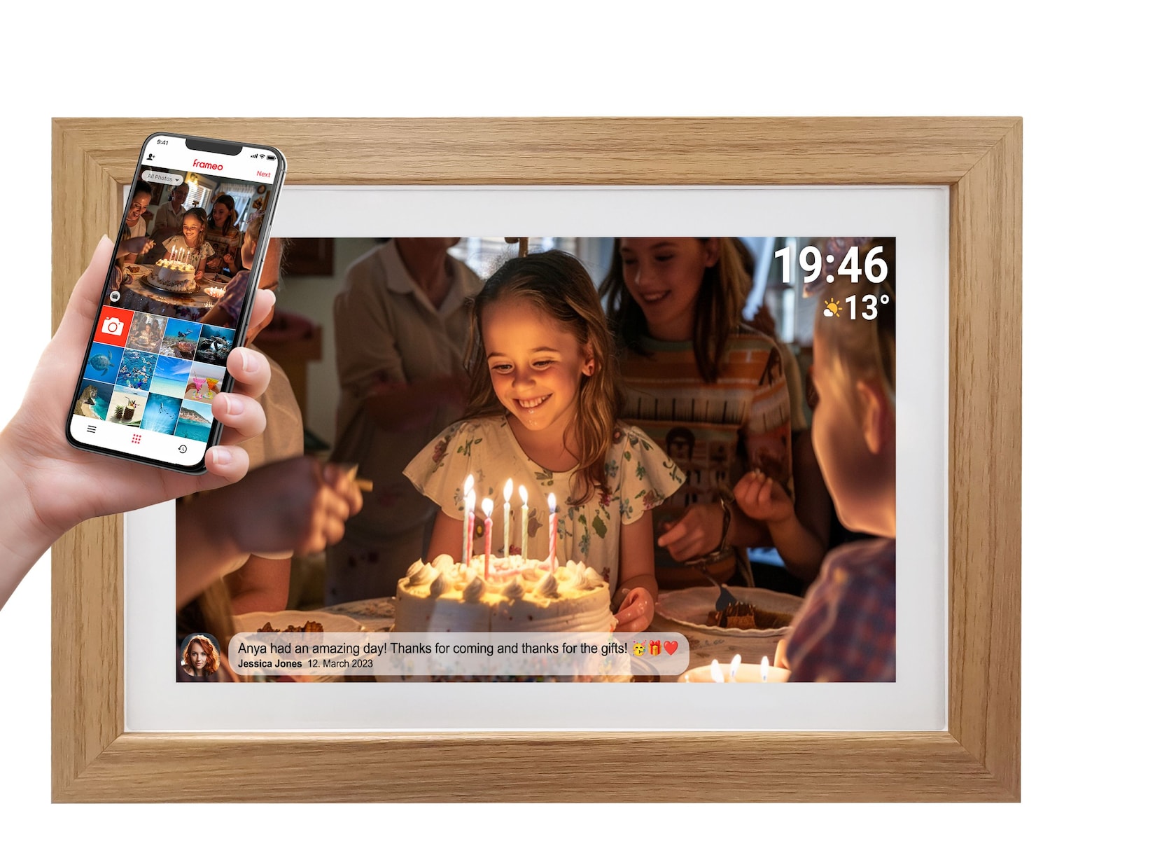 Denver PFF-1543 WiFi Bilderrahmen –15,6" IPS, Frameo, Holz hellbraun