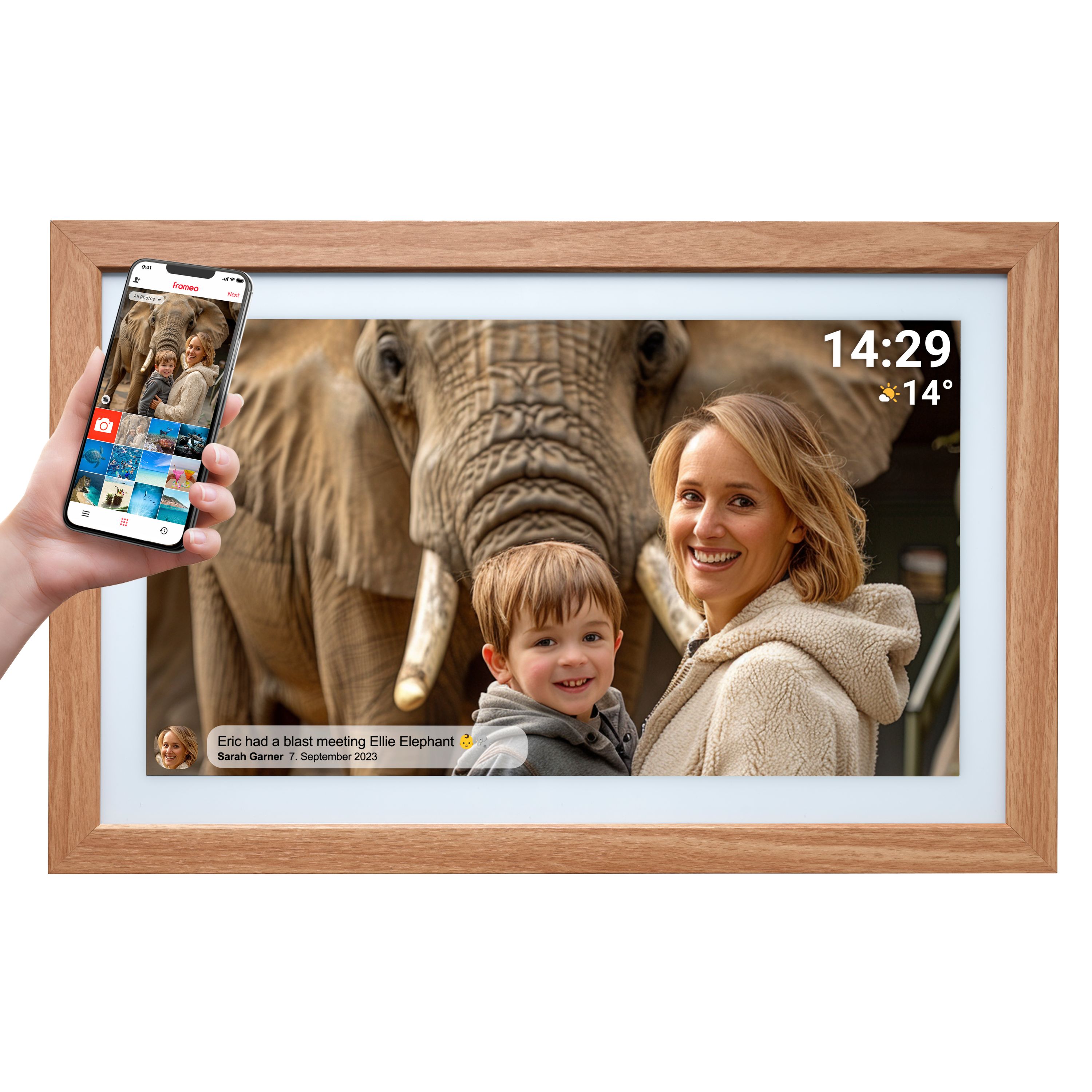 Denver PFF-2162LW WLAN Bilderrahmen &ndash; 21,5", Frameo, Holz, hellbraun 
