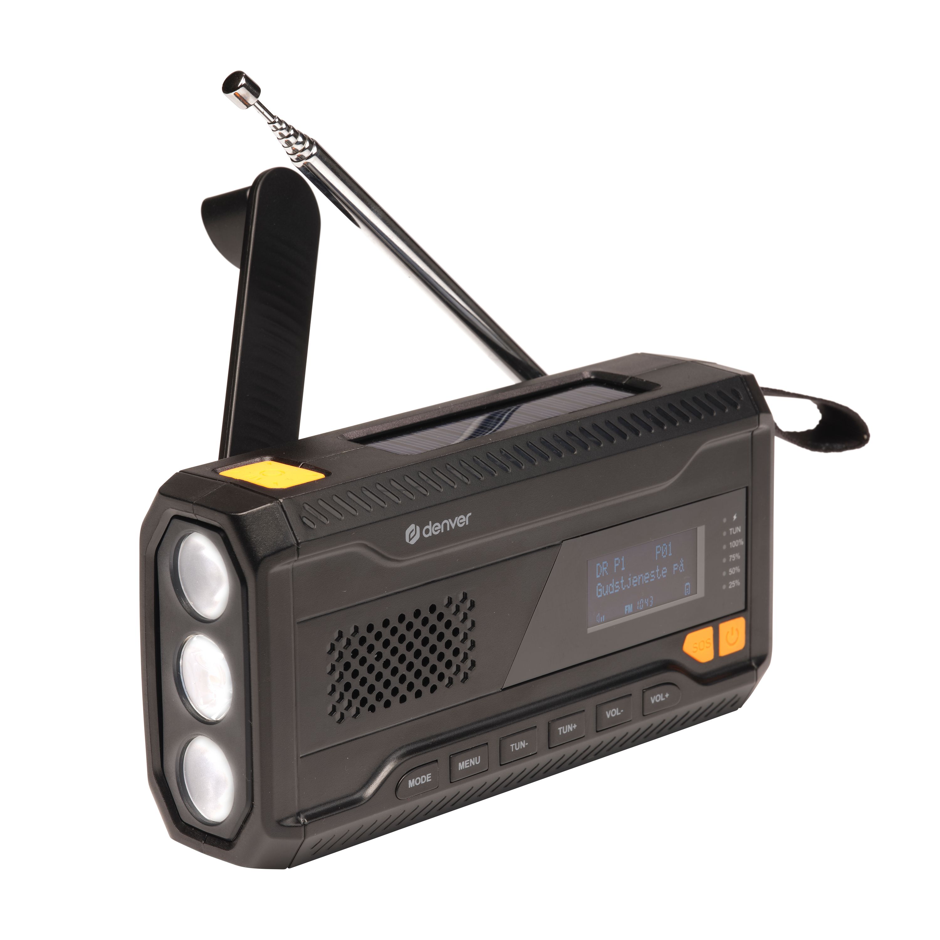 Denver SCD-2033 DAB+ Notfallradio mit Bluetooth, Solar & Handkurbel, FM Radio, Powerbank, Taschenlampe, SOS, 2000 mAh Akku 