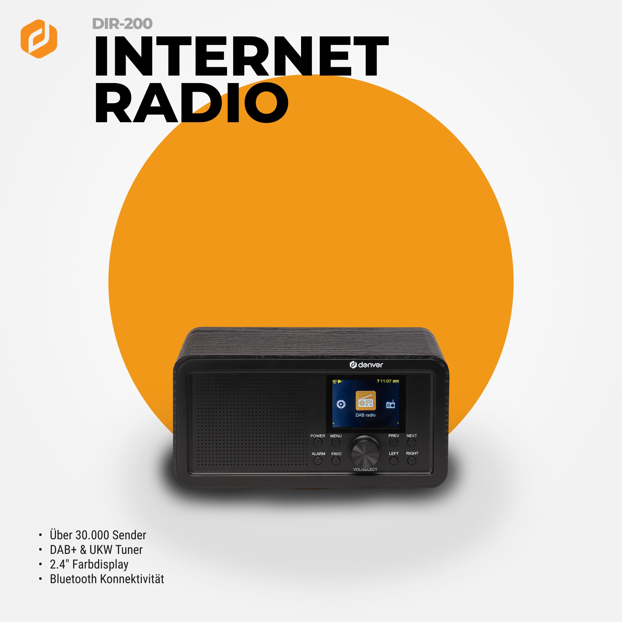 Denver DIR-200 Internetradio&ndash;mit Dual-Alarm-Wecker, Bluetooth, schwarz 
