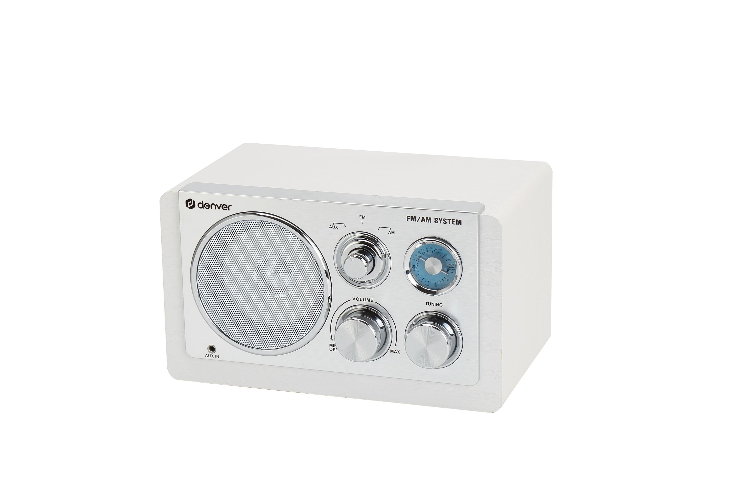 Denver TR-63 Retro Radio, AM/FM Analog, AUX, tragbar, Batterie oder Netzbetrieb, wei&szlig; 