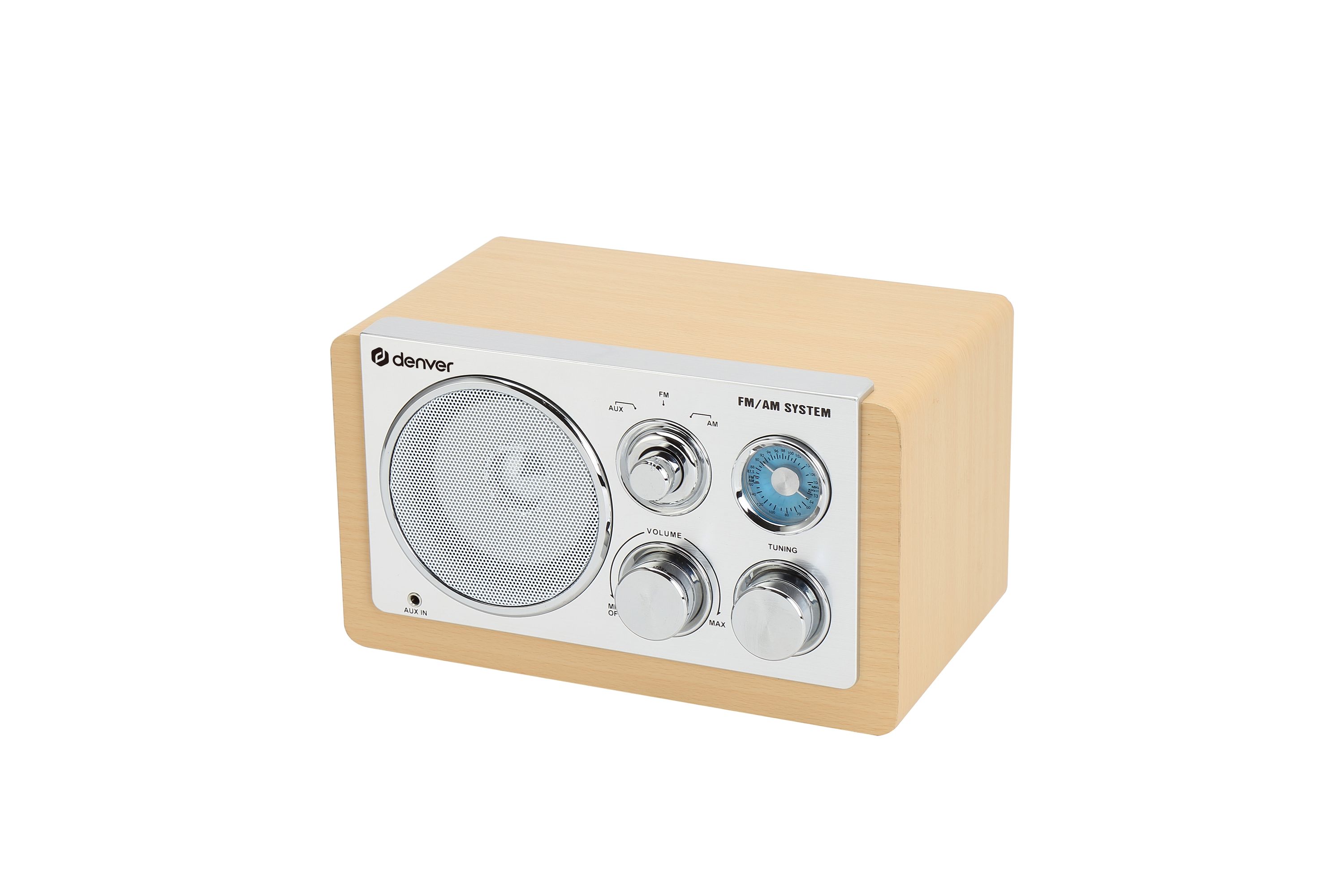 Denver TR-63 Retro Radio, AM/FM Analog, AUX, tragbar, Batterie oder Netzbetrieb, holzhell 