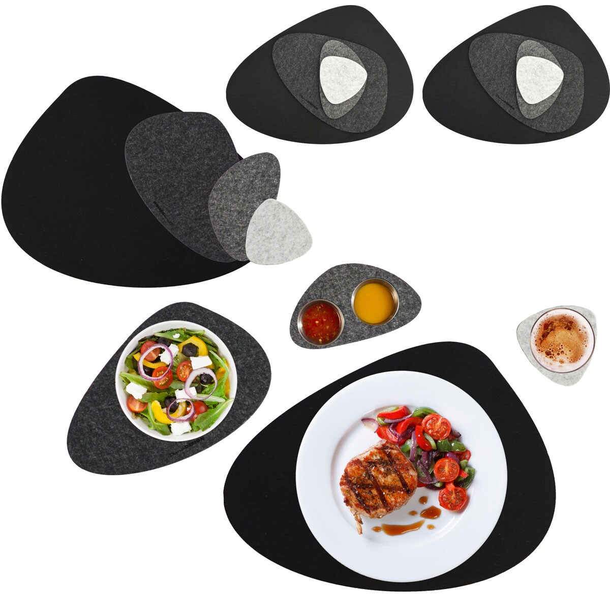 Flusskiesel Tischset Filz 16 Teile Platzset + Untersetzer f&uuml;r 4 Abwaschbar Grau 