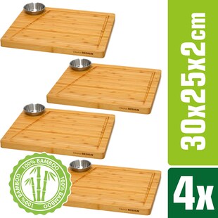 4er Set - Bambus-Servierbrett mit Dip-Schale - 30x25cm Steakbrett aus Holz 