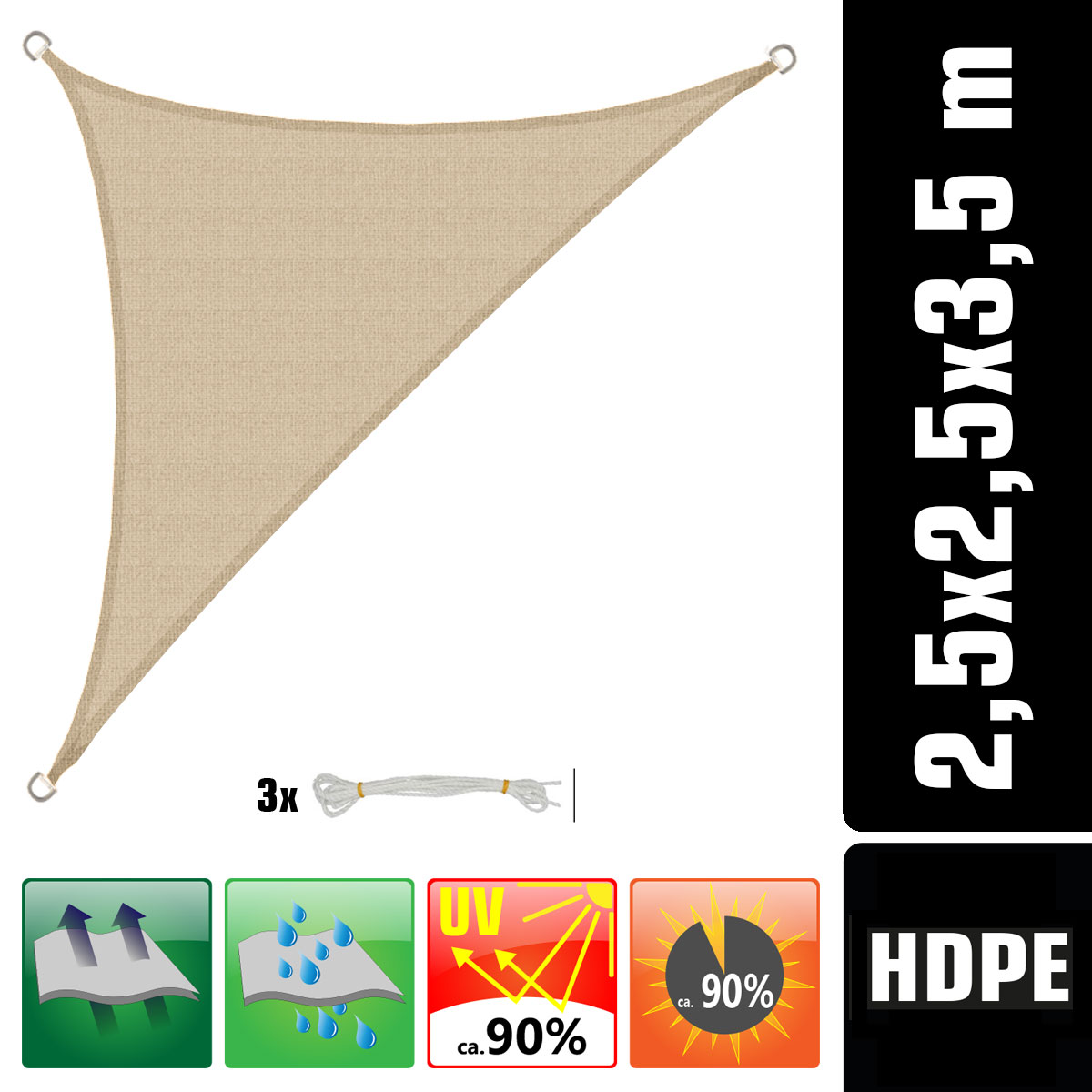 UV Sonnensegel 2,5x2,5x3,5 HDPE Dreieck Rechtwinklig Sonnenschutz Garten Beige 