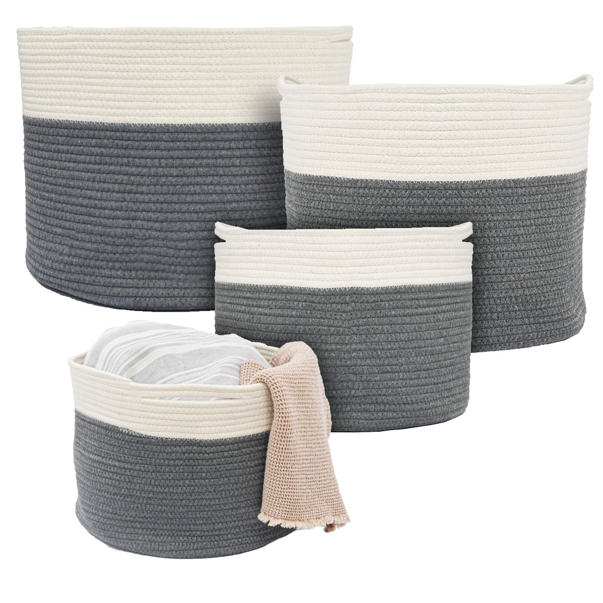 4er Baumwoll Seilkorb Set - Boho Aufbewahrungskorb W&auml;schekorb Kinderzimmer Rund 