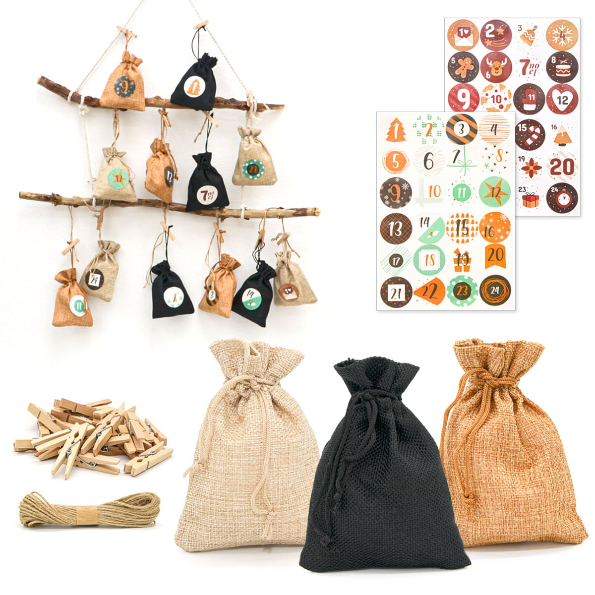 DIY Adventskalender zum Bef&uuml;llen - 24 Geschenk S&auml;ckchen - Komplettes Bastelset 
