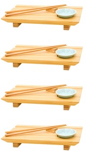 4x Japanisches Sushi Brett - 27x16x4 Bambus Platten Set - Teller mit Schälchen 