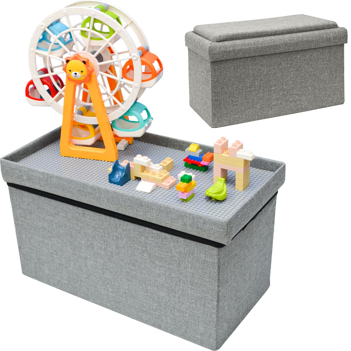 Kinder Aufbewahrungsbox mit Bauplatte - 53x27x30 Sitzbank - Baustein Spieltisch 