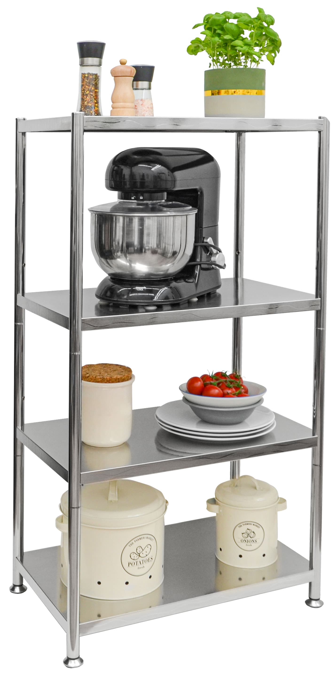 4 Ebenen Edelstahl Regal - 61x36x113 Schwerlastregal bis 60kg Metallregal K&uuml;che 