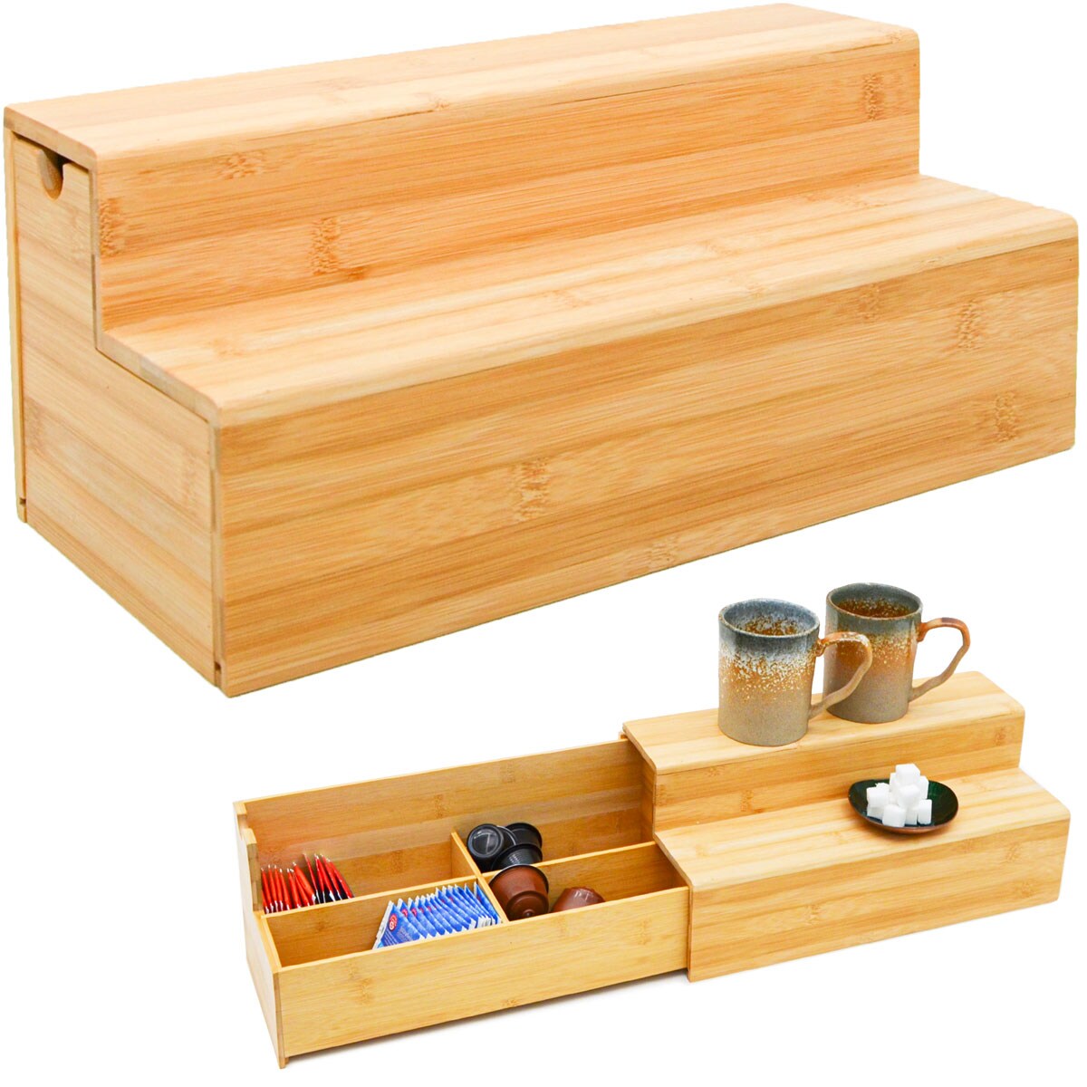 Kaffee und Tee Bambus Box 36x17x16 Kaffeekapsel Organizer Holz Teebox Schublade 