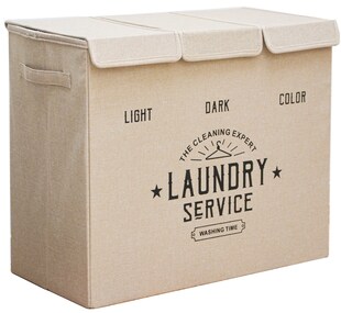 Wäschekorb 3 Fächer - 84L Wäschesammler Beige mit Deckel - Wäsche Organizer Bad 