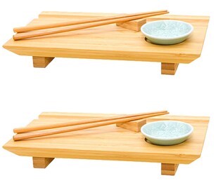 2x Japanisches Sushi Brett - 27x16x4 Bambus Platten Set - Teller mit Schälchen 