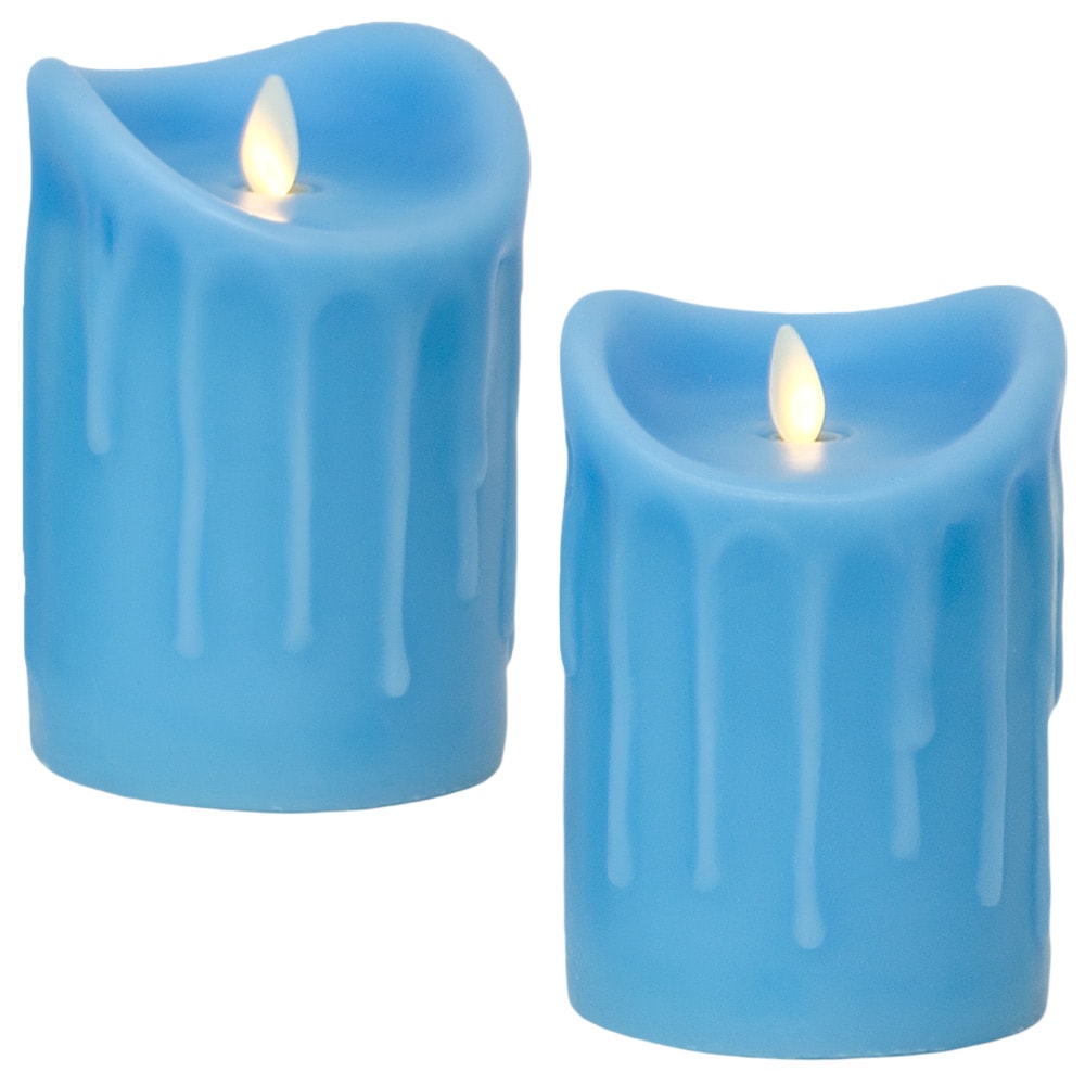 LED Kerze Echtwachskerze mit Timer &Oslash;9,5cm Echtes Wachs 14cm Blau Tropfendesign mit Flammen-Simulatio 