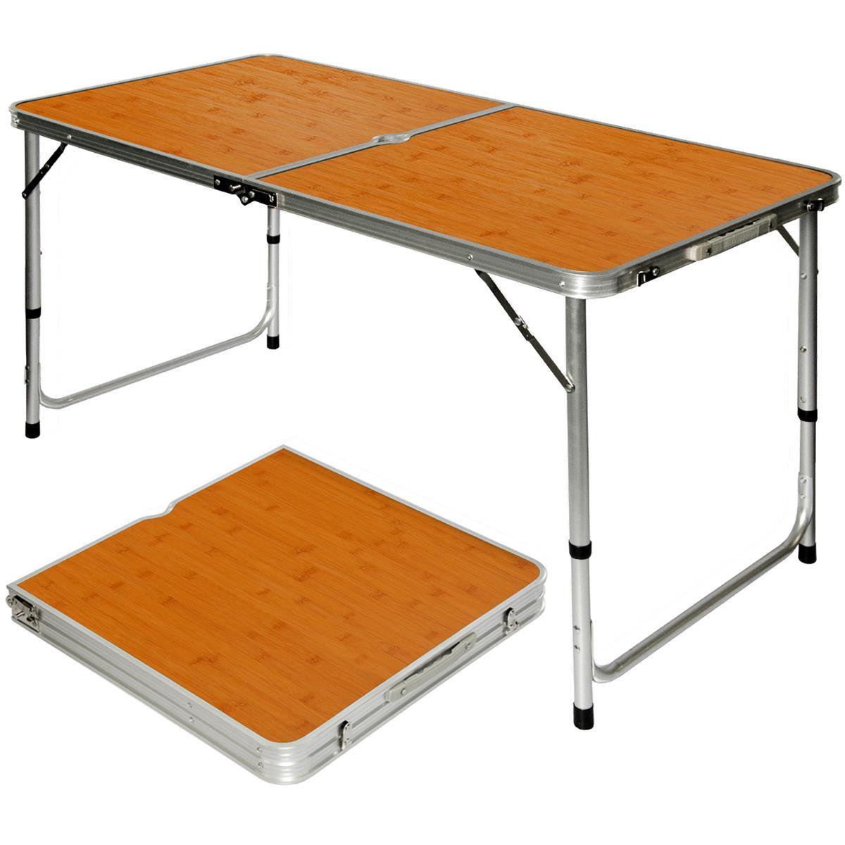 Klappbarer stabiler Campingtisch 120x60x70cm h&ouml;henverstellbar tragbar Kofferformat Aluminium Bambus 