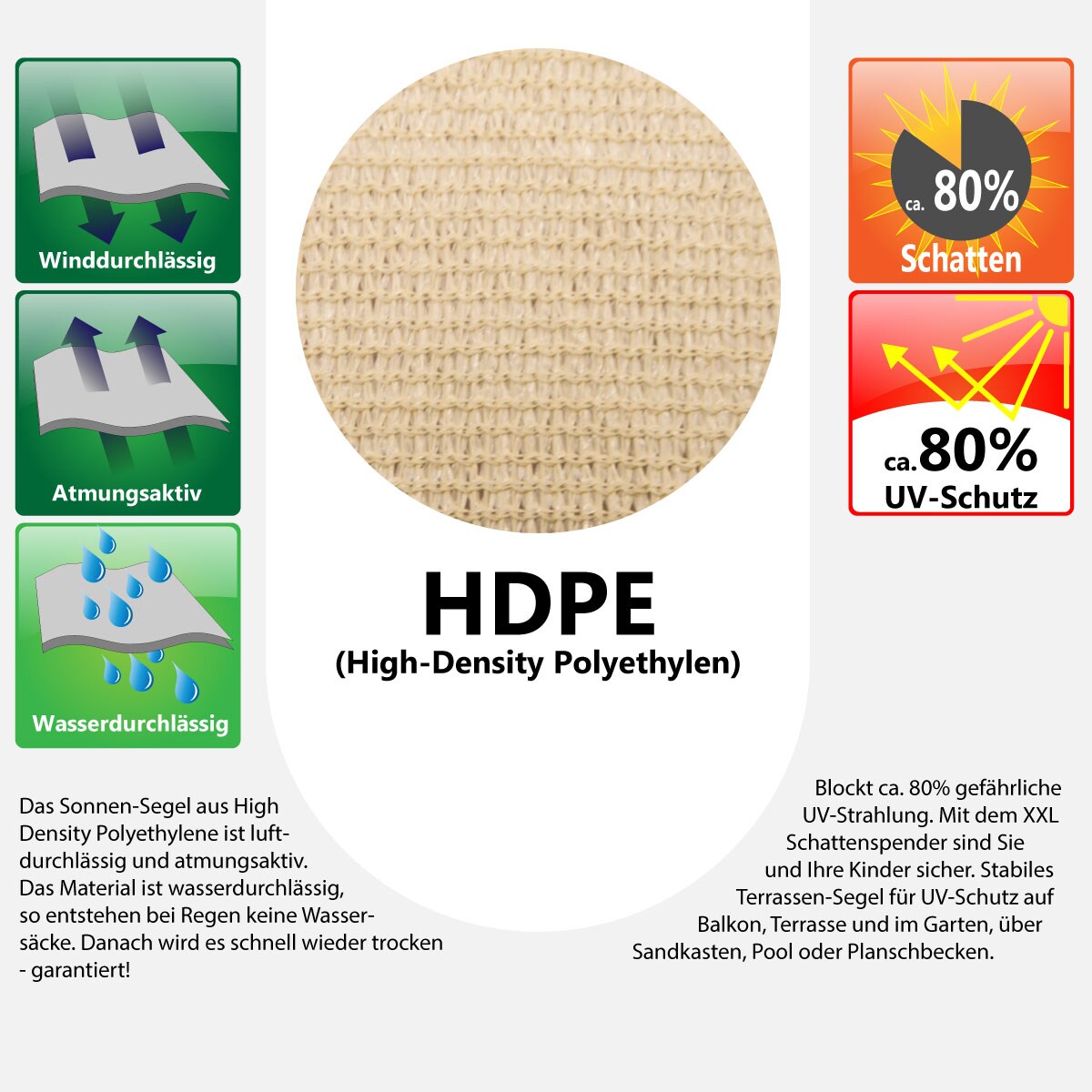 Amagenix Sonnensegel Gebogen – 3x5 M, Cremefarben, UV-Schutz 95%