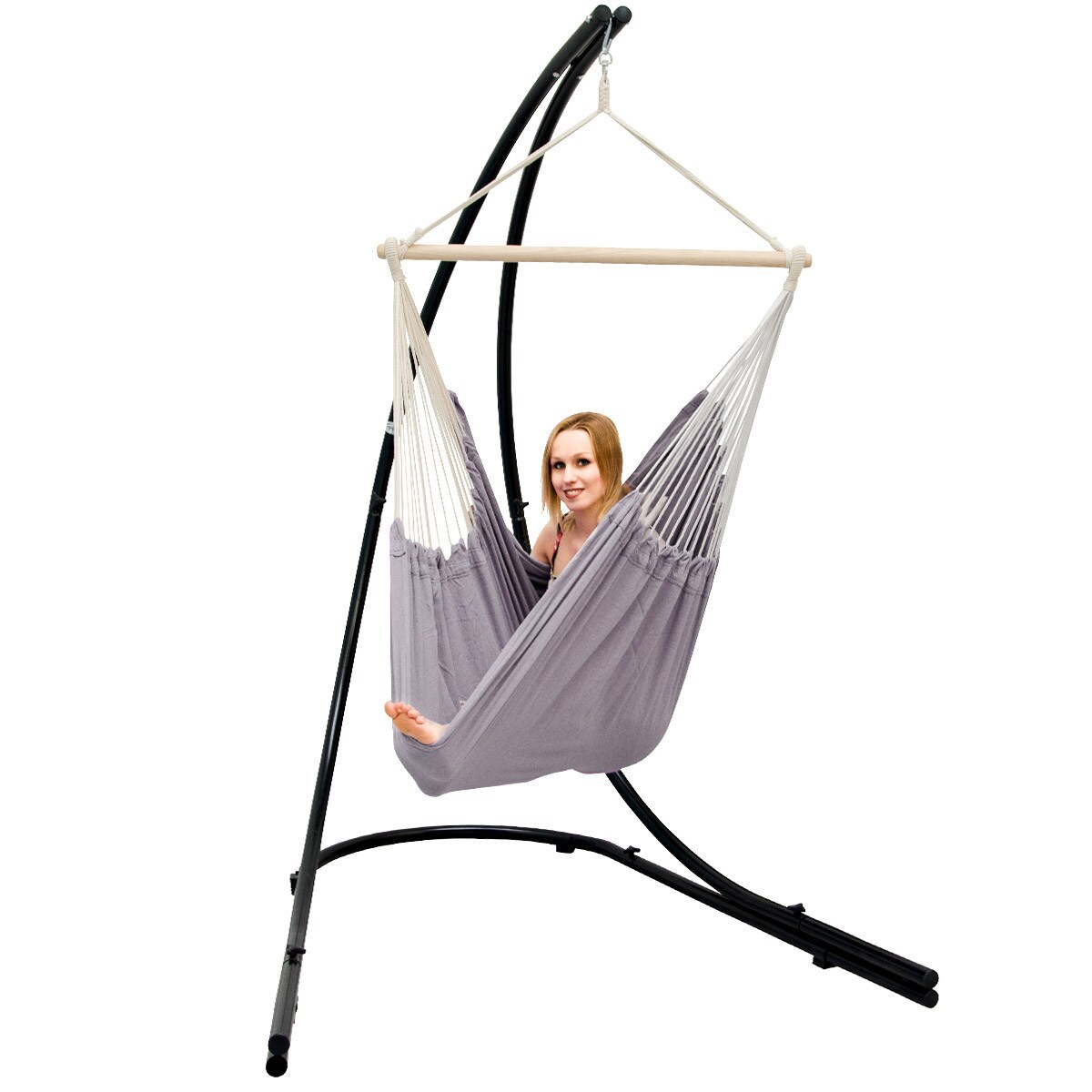 Freistehendes Stahl-H&auml;ngestuhlgestell 210cm inkl. XXL H&auml;ngesessel aus Baumwolle mit Swivel 185x130cm 