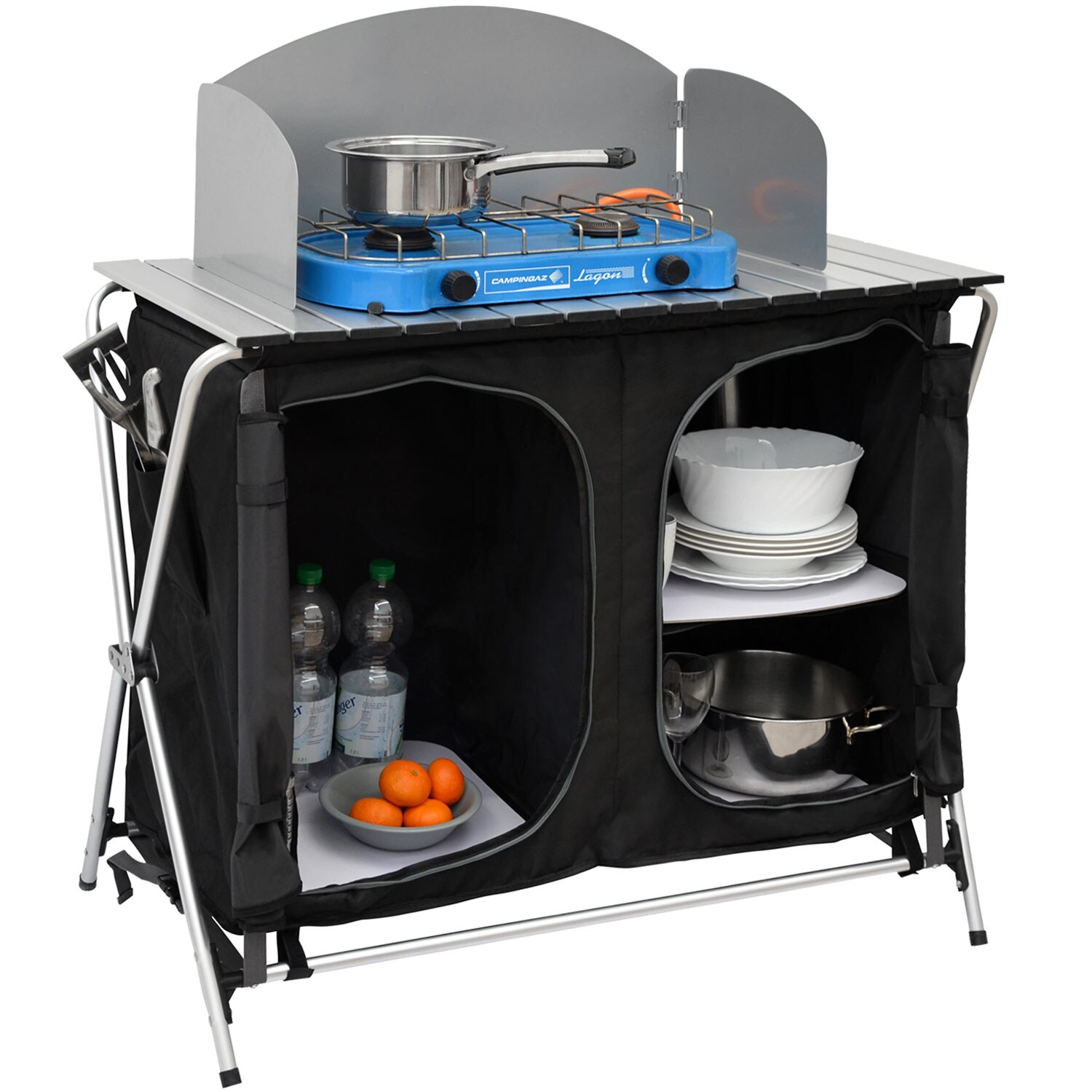 Camping-K&uuml;che inkl Windschutz 90x48x115cm 3 F&auml;cher Campingschrank faltbar Kocher 