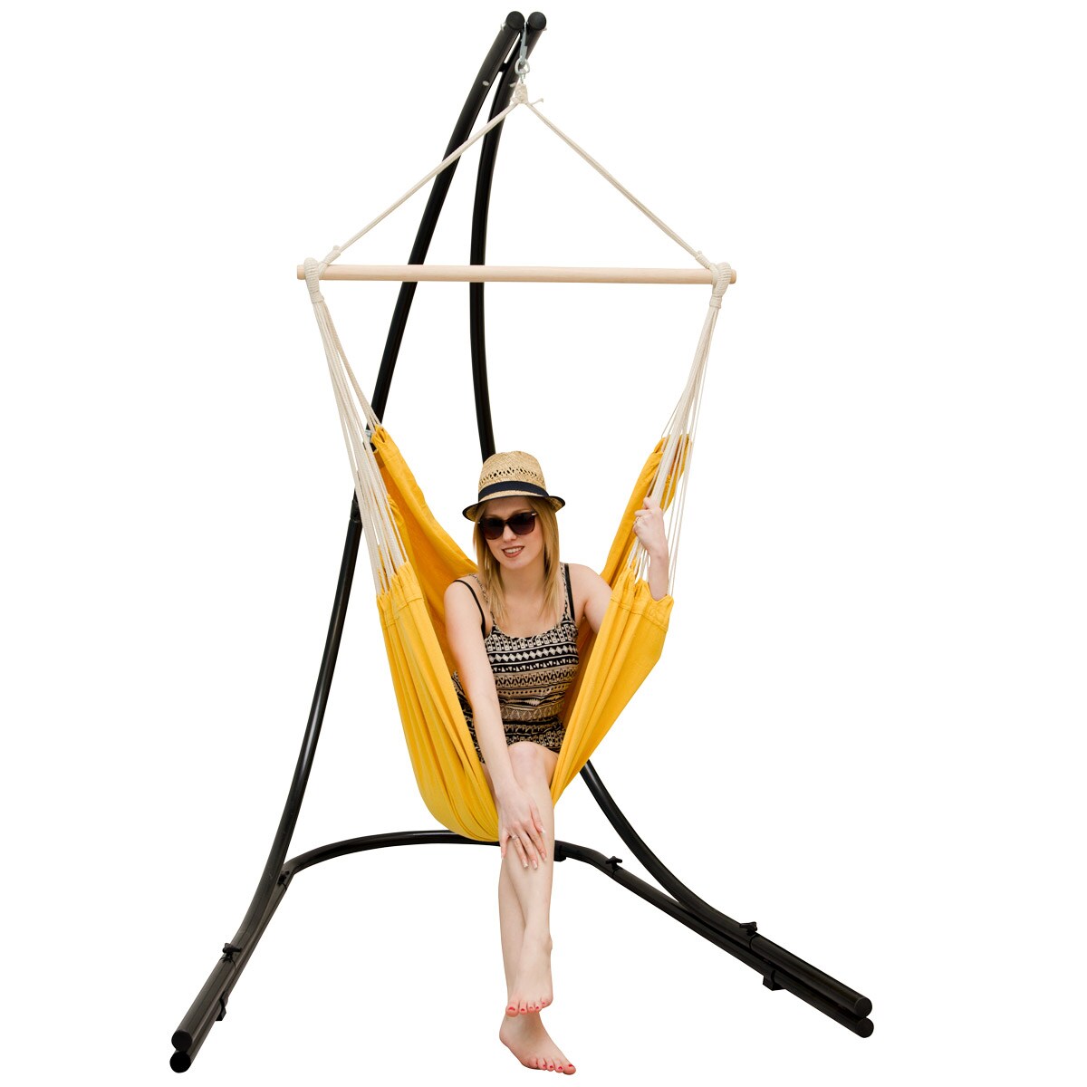 Freistehendes Stahl-H&auml;ngestuhlgestell 210cm inkl. XXL H&auml;ngesessel aus Baumwolle mit Swivel 185x130cm 