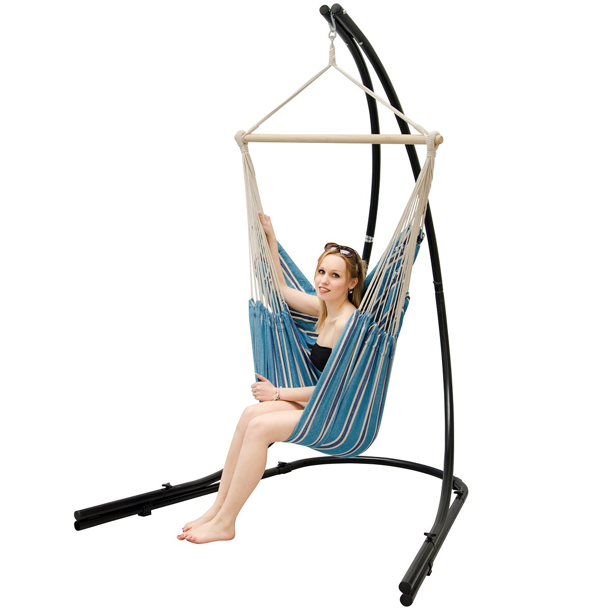 Freistehendes Stahl-H&auml;ngestuhlgestell 210cm inkl. XXL H&auml;ngesessel aus Baumwolle mit Swivel 185x130cm 