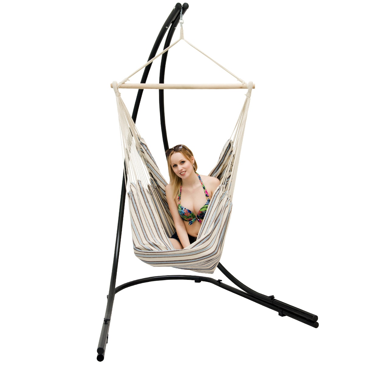 Freistehendes Stahl-H&auml;ngestuhlgestell 210cm inkl. XXL H&auml;ngesessel aus Baumwolle mit Swivel 185x130cm 