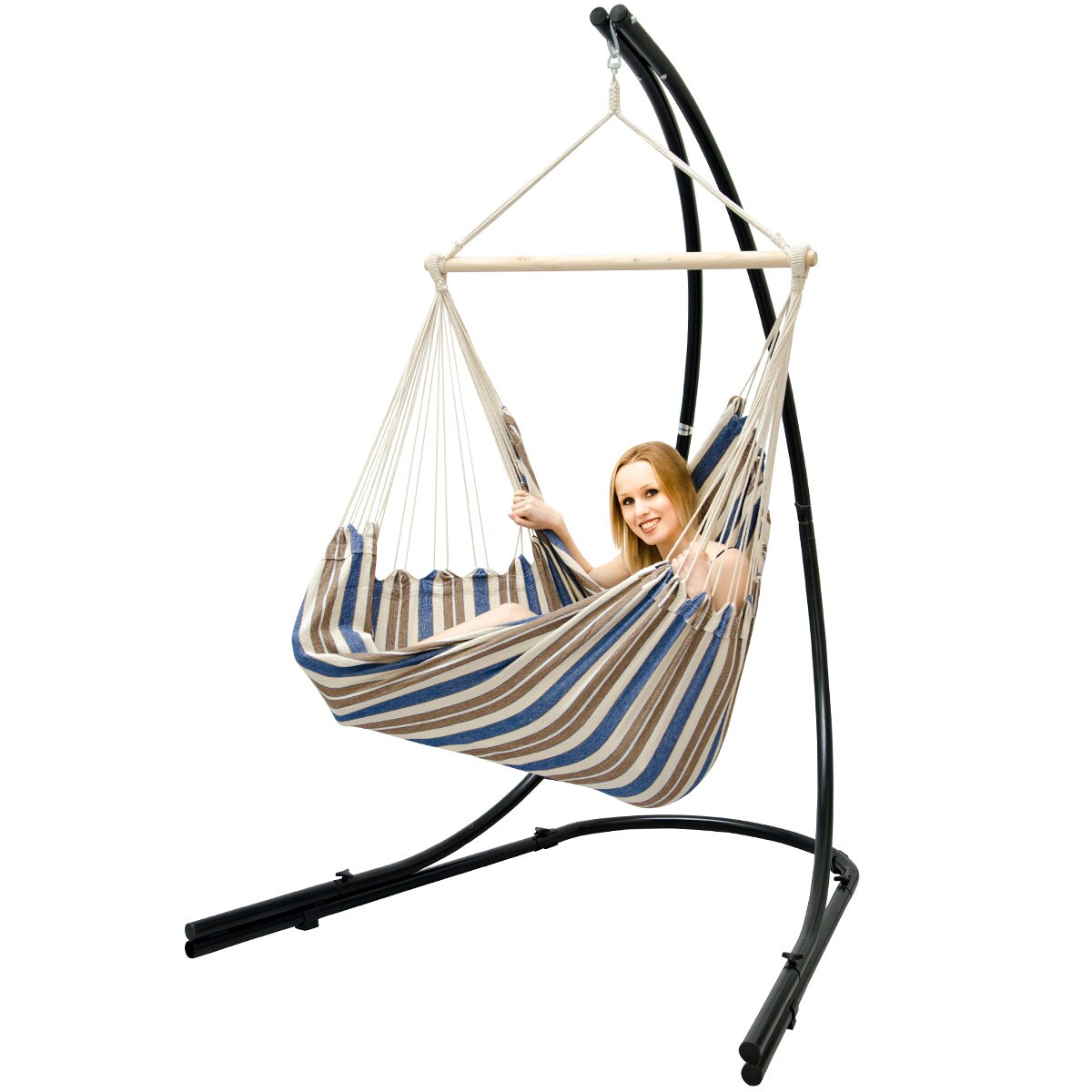 Freistehendes Stahl-H&auml;ngestuhlgestell 210cm inkl. XXL H&auml;ngesessel aus Baumwolle mit Swivel 185x130cm 